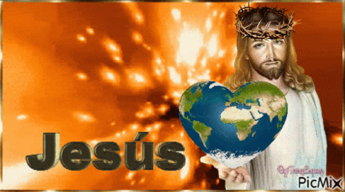 Jesus With A Crown Of Thorns Is Holding A Heart Shaped Earth In His Hand GIF