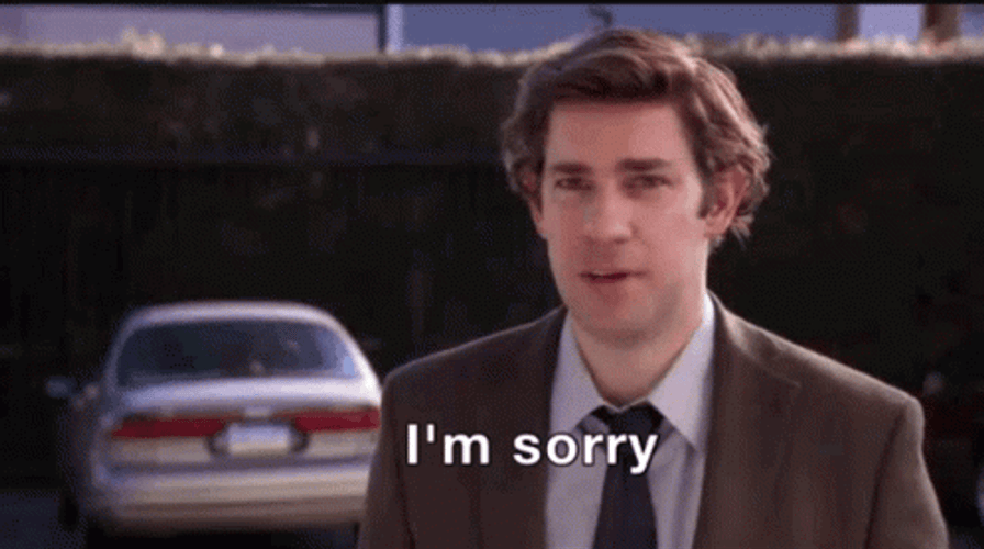 Jim Halpert from The Office looking directly at the camera with a subtle, knowing expression, shrugging his hands in a 'I'm sorry' gesture.