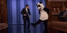 Jimmy Fallon And Dancing Panda Mascot GIF