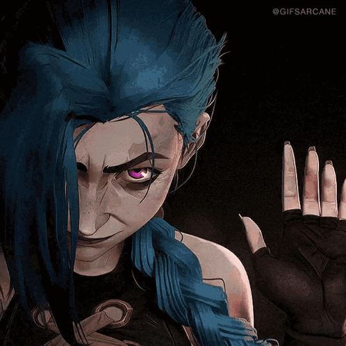 Jinx From Arcane With Purple Eyes And Blue Hair GIF