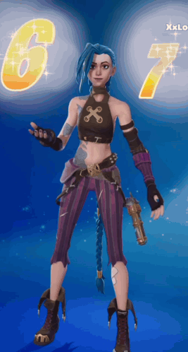Jinx From League Of Legends Standing In Front Of A Number 6 And 7 GIF