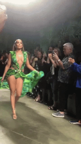Jlo Green Dress Walking On Runway GIF