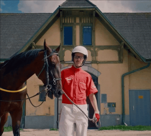 Jockey Next To Horse Wearing Racing Shirt GIF