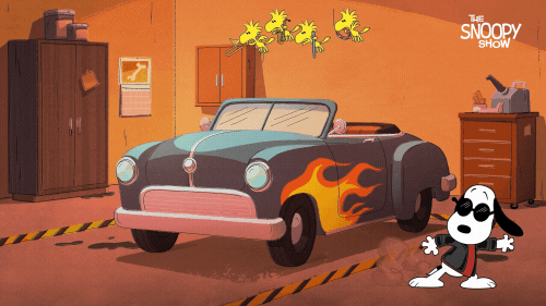 Joe Cool Sliding On Floor Featuring Woodstock GIF