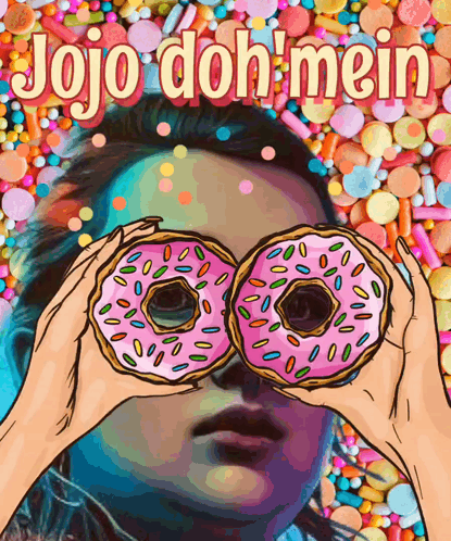 JoJo Doh Mein Poster Girl Looking Through Two Donuts GIF