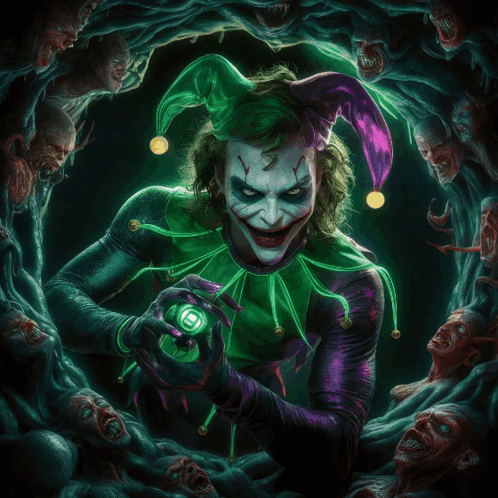 Joker in Purple and Green Outfit Holding Green Light
