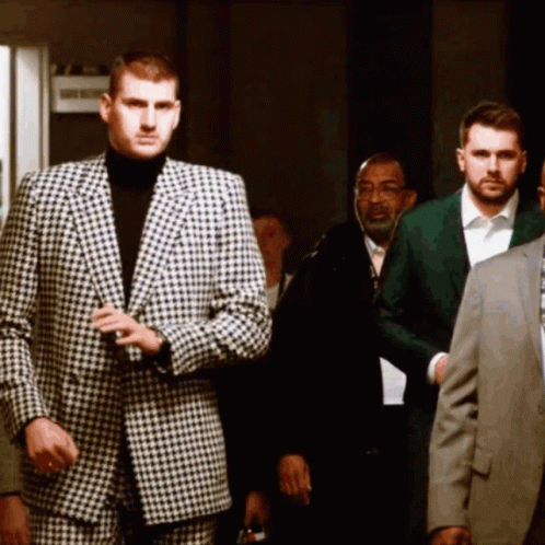 Jokic Suited Up Walking With Luka GIF