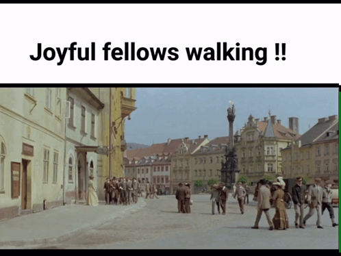 Joyful Fellows Walking Sign With City