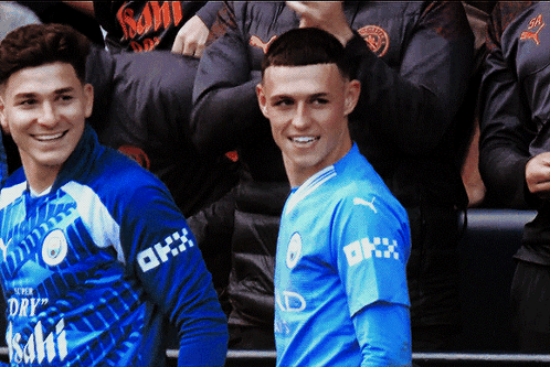 Julian Alvarez And Phil Foden Smile GIF