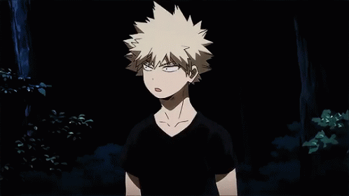 Katsuki Bakugo From My Hero Academia Is Wearing A Black Shirt And Making A Funny Face In The Dark . GIF