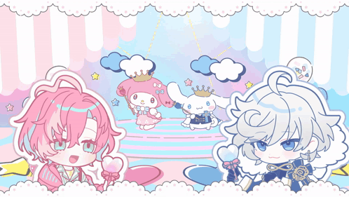Kawaii Word on Pink and Blue Background With Cartoon Characters