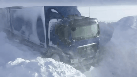 Kazakhstan Trucks Stuck In Snow GIF