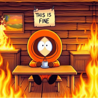 Kenny From South Park Sits At A Table With A Cup Of Coffee Under A Sign That Says " This Is Fine " GIF