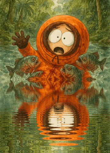 Kenny From South Park Surrounded by Piranhas