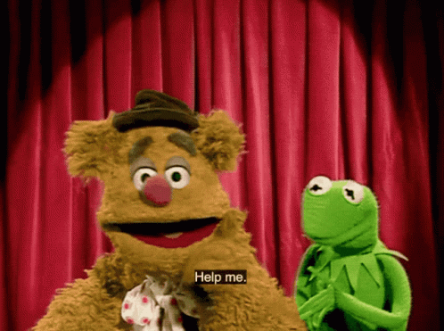 Kermit and Fozzie Red Curtain Saying Help Me