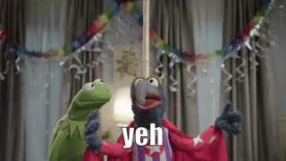 kermit the frog and elmer fudd from the muppets are standing next to each other in a living room .