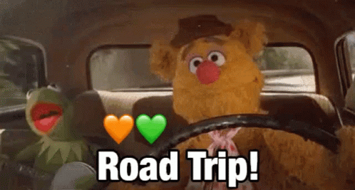 Kermit The Frog And Fozzie Bear Are Driving A Car And Saying `` Road Trip ! '' GIF