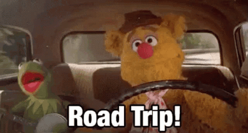 Kermit The Frog And Fozzie Bear Are Driving A Car And Saying `` Road Trip ! '' GIF