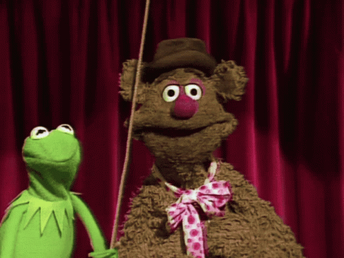 Kermit The Frog And Mr. Fozzie Bear Are Standing Next To Each Other In Front Of A Red Curtain GIF