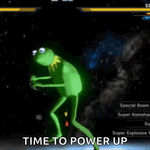 Kermit The Frog In A Video Game With The Words Time To Power Up Above Him GIF