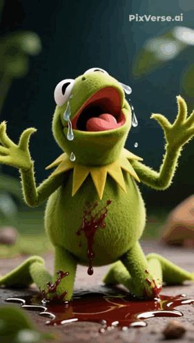 kermit the frog is crying and has blood on his body