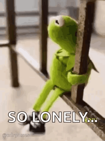 Kermit The Frog Is Sitting On A Railing Holding Onto A Railing And Saying `` So Lonely '' . GIF
