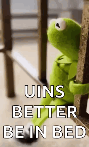 Kermit The Frog Is Sitting On A Wooden Railing With The Words `` Uins Better Be In Bed '' Written On It . GIF