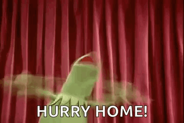 Kermit The Frog Is Standing In Front Of A Red Curtain And Saying `` Hurry Home '' . GIF