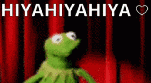Kermit The Frog Is Standing In Front Of A Red Curtain With The Words Hiyahiyahya In White Letters GIF