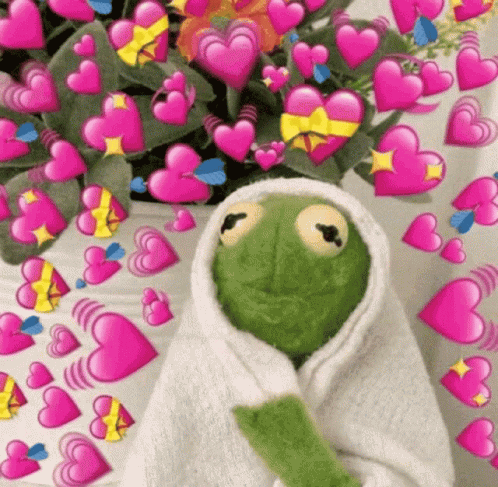 Kermit The Frog Is Wrapped In A Towel And Surrounded By Hearts . GIF