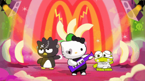 Keroppi Dancing With Hello Kitty On Mcdonalds Background GIF