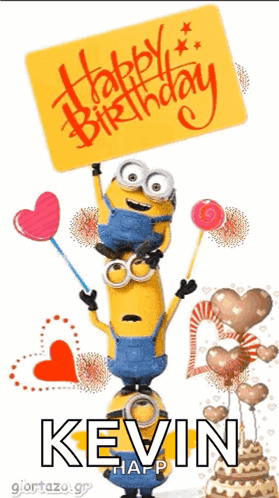 Kevin Birthday Card With Minions Holding Balloons and Lollipops