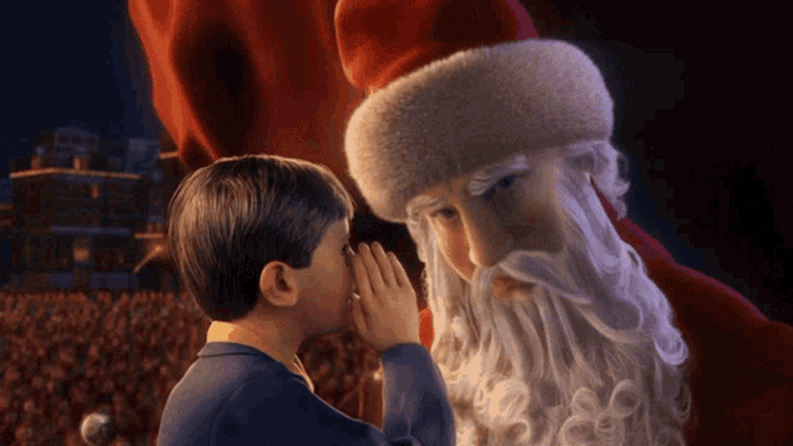 Kid Whispering To Santa GIF