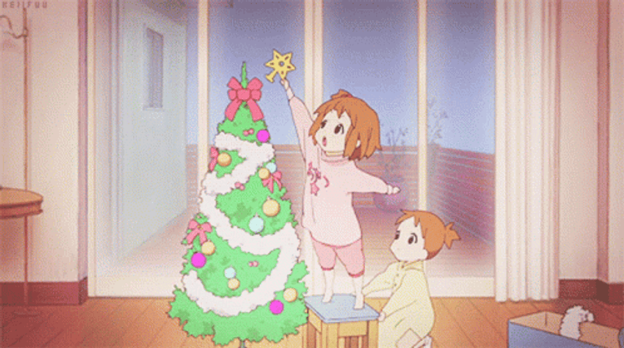 Kids Putting Christmas Tree Topper Anime GIF