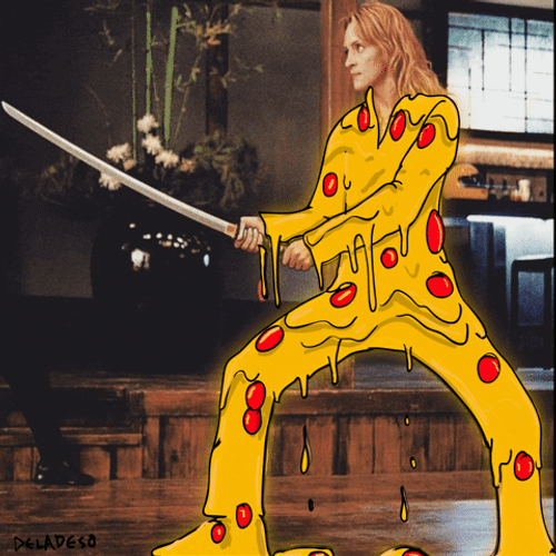 Kill Bill Beatrix Wearing Pizza Costume GIF