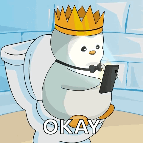 King Penguin Busy With His Phone In Bathroom GIF