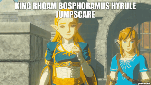 King Rhoam Bosphorus Hyrule Jumpscare Is Written On A Picture Of Two Video Game Characters GIF