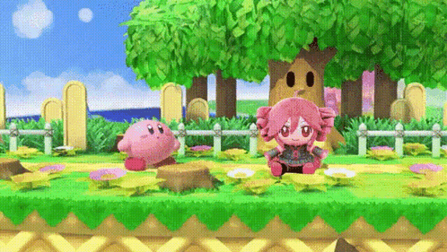 Kirby And Hatsune Miku Are Playing A Video Game Together GIF