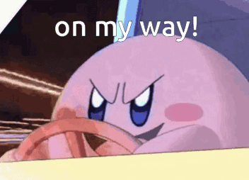 Kirby Is Driving A Car With The Words On My Way Written Above Him GIF