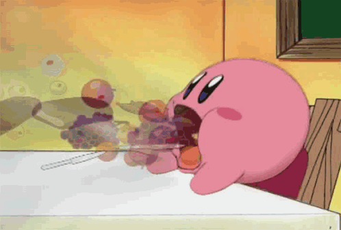 Kirby Sitting at Table Eating Grapes