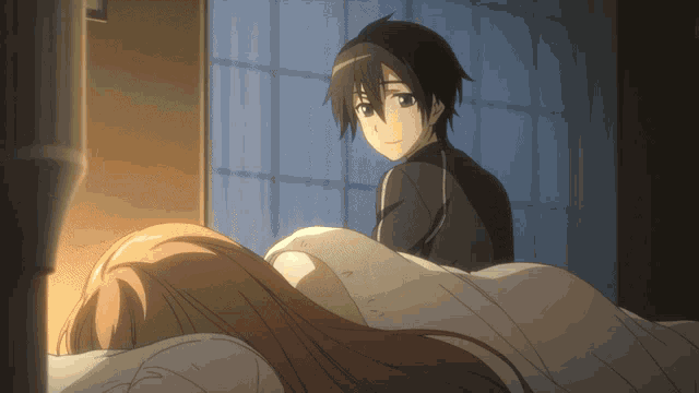 Kirito Teases Sleeping Asuna GIF