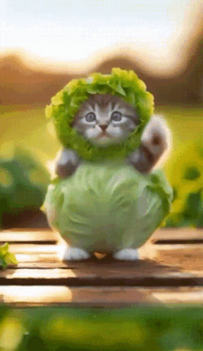 Kitten Dressed as Lettuce Leaf on Table