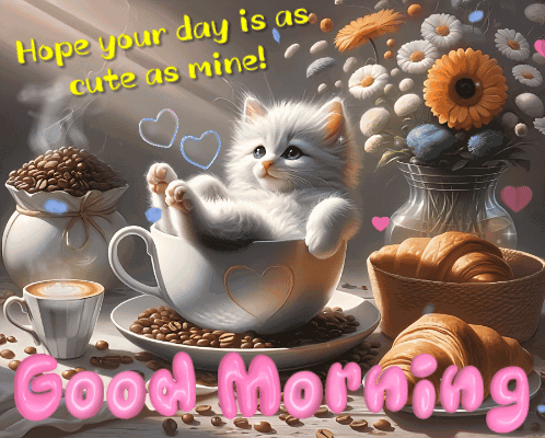 Kitten In Coffee Cup Saying Hope Your Day Is As Cute As Mine GIF