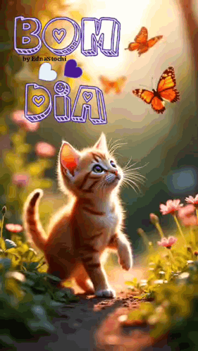 Kitten Standing in Field with Butterflies