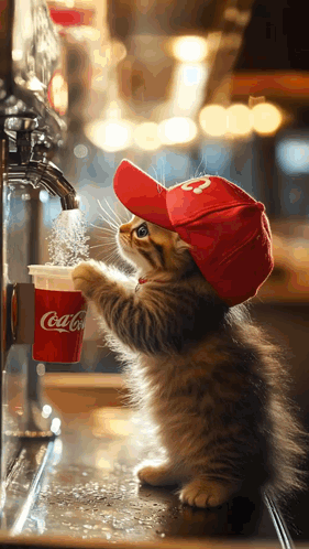 Kitten With Red Hat Drinking From Coca-Cola Cup