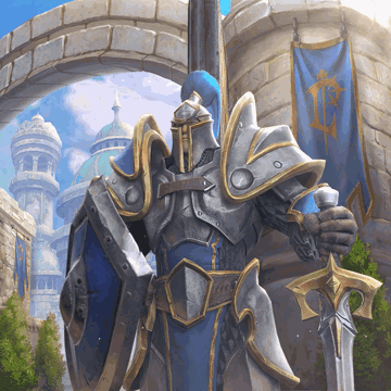 Knight Holding Sword and Shield in Front of Castle
