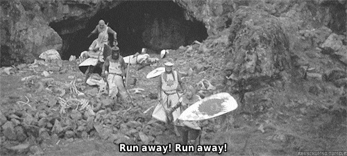 Knights Running Away From Goblin Cave GIF