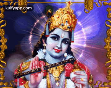 Krishna Playing Flute With Gold Frame GIF