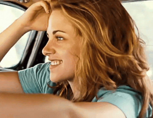 Kristen Stewart Smiling Inside Running Car GIF