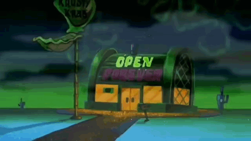 Krusty Krab With Neon Lights Saying Open Forever GIF